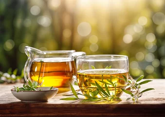 Zelfklevend Fotobehang tea in glass teapot and cup with green tea on wooden table © Graphic Dude