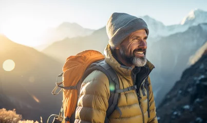 Photo sur Plexiglas Everest Male hiker traveling, walking alone in Himalayas under sunset.
