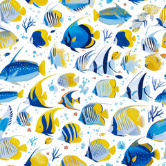 Underwater blue yellow corals as background on a seamless tile, ai generated