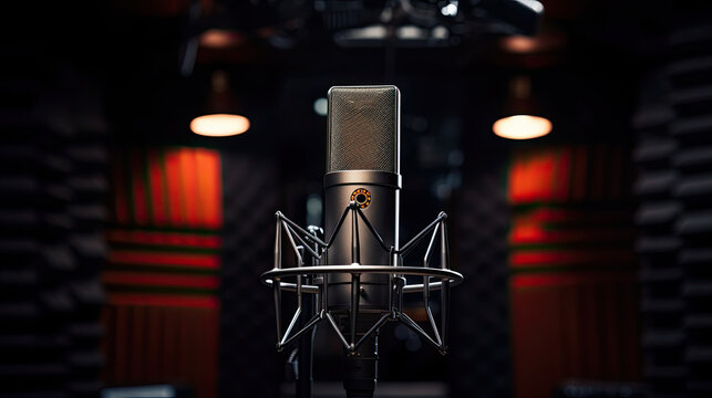 Studio microphone and pop shield on mic in the empty recording studio with copy space.
