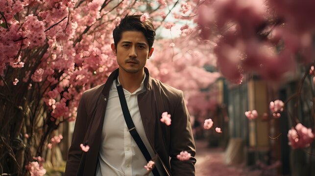 A candid image of a Japanese male model walking alongside a row of cherry blossom trees, captured by a handheld HD camera, encapsulating the essence of Japanese street fashion in a serene setting