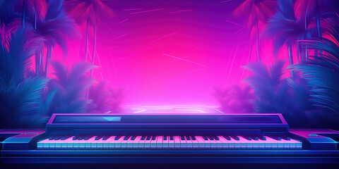 Piano and tropical palm trees near neon dance floor. Fantastic place for disco. Fragment of piano for exotic party - obrazy, fototapety, plakaty