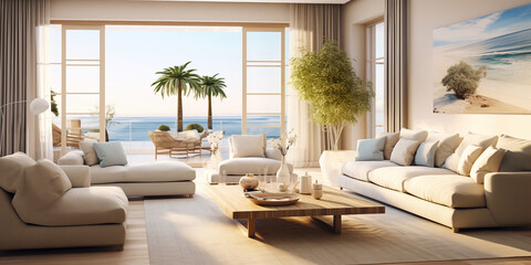 Living room of villa located on seashore. Interior of house with terrace overlooking ocean. Villa with large sofas around wooden table