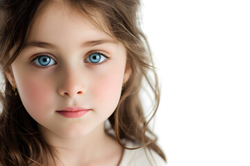 Fototapeta premium Closeup portrait of beautiful blond hair and blue eyes little girl isolated on white background