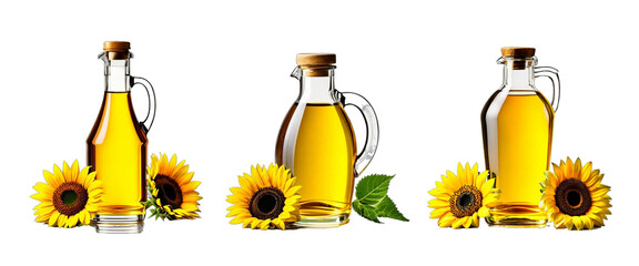 Collection of the bottle of sunflower oil with the flower on a transparent background PNG AI Generative. Organic concept of the product