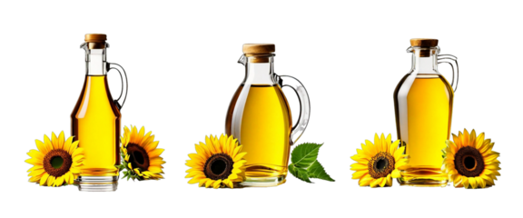 Collection of the bottle of sunflower oil with the flower on a transparent background PNG AI Generative. Organic concept of the product