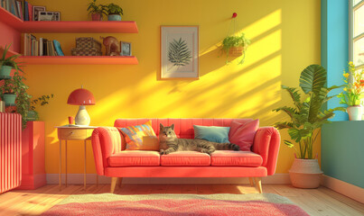 Cute red cat lying on sofa in living room.Generative AI