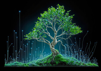 tree growth concept, ROI tree growth surrounded by fiber optic cables - obrazy, fototapety, plakaty