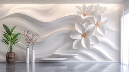 A fashionable living room design features flowers, luxurious room. Generative AI
