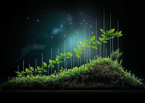 Green sprout growing from soil with night sky and starry background gren energy growth graph