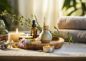 Spa composition with aroma oil, candles and towel on wooden table