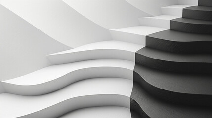 Contrast Black and White Monochromatic 3D Background: Minimalist Design Featuring Curved Staircase with Boldly Defined Steps on White Backdrop, Creating a Striking Visual Impact
