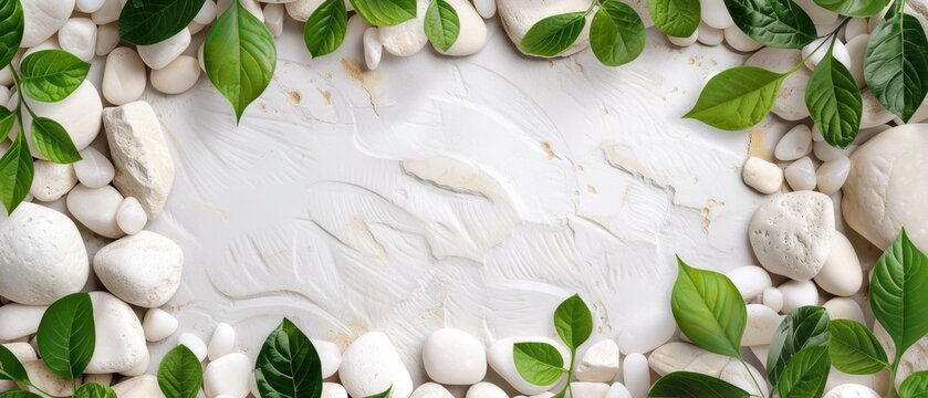 Ultrawide White Modern Background With Pabble Stones And Green Leaves