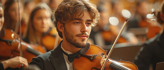 Symphony orchestra , handsome man playing violin. Male violinist playing classical music on violin....