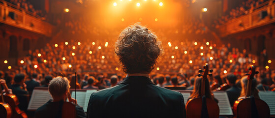 Back View Cinematic shot of Conductor Directing Symphony Orchestra with Performers Playing Violins, Cello and Trumpet.AI - obrazy, fototapety, plakaty