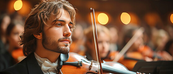 Symphony orchestra , handsome man playing violin. Male violinist playing classical music on violin....