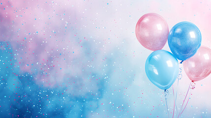 Gender reveal balloons and glitter-themed invitation for a baby shower, featuring pink and blue elements for a birthday party card.