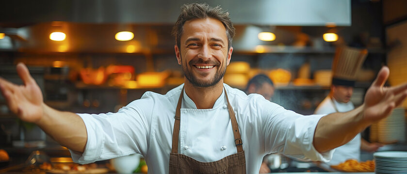 Young cook shows a hand a welcome . A baker in a cap smiles and invites customers to the bakery.Generative AI