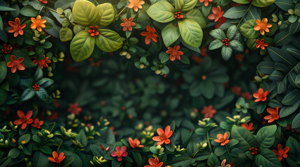 Fototapeta na wymiar Phyto-Designed Background with 3D Effect: Green Leaves and Small Orange Flowers, Evoking a Natural and Vibrant Atmosphere for Botanical-themed Projects and Presentations