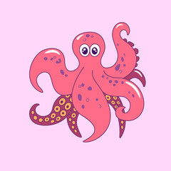 Happy Pink Octopus. Marine inhabitants, doodle octopus