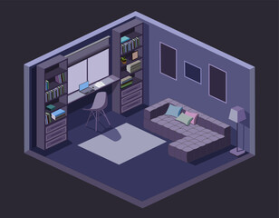 Vector isometric room in purple color, night view, workplace, teenager's room