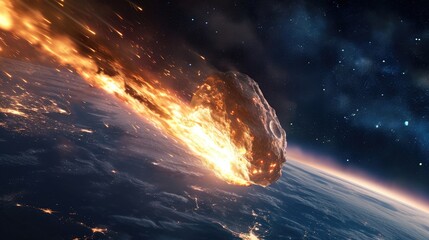 a huge gigantic burning asteroid in space flyng towards the planet earth, meteorite