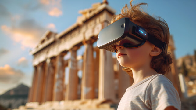 School child wearing virtual reality glasses is studying history with Sights of Ancient Greece in his glasses. Concept of the virtual reality in school education