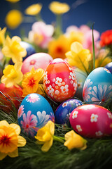 Fototapeta premium Spring flowers, Happy Easter background. Colorful Easter eggs on grass