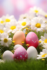 Fototapeta na wymiar Spring flowers, Happy Easter background. Colorful Easter eggs on grass