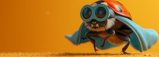 Superhero ladybug with blue cape on yellow background