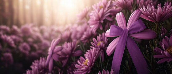 Purple daisies with a symbolic ribbon for epilepsy awareness amidst a sunlit forest.