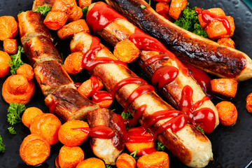 Grilled German sausages and vegetables.