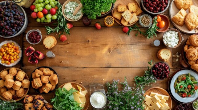 Top view of wooden table background with vegetables and food scattered in an oval around the center, muffins, biscuits, green salad, fresh fruit, photo, warm background,