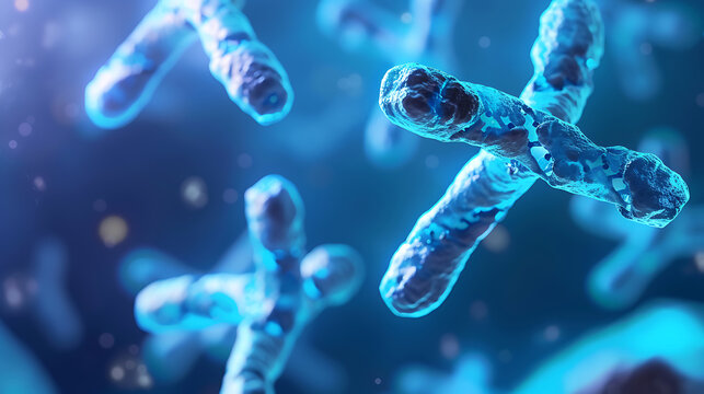 
Illustration of X and Y chromosomes with DNA helix on a blue background, viewed under a microscope. Human genetic code encoding depicted.