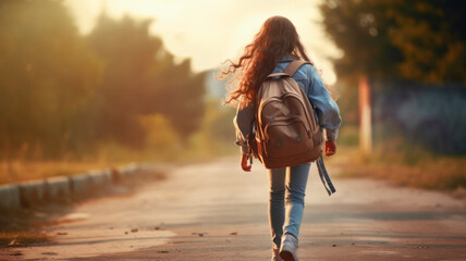 A girl with long hair and a school backpack walks down the street