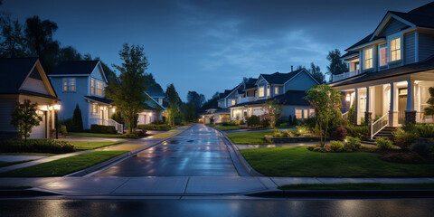 Urban or suburban neighborhood at night houses with lights late evening or midnight homes with garage street and driveway Suburb village landscape with cottage buildings street lamps - obrazy, fototapety, plakaty