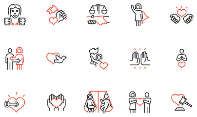 Vector Set of Linear Icons Related to Equal Human Rights, Harmony Relationship, Charity and Carry Love. Mono line pictograms and infographics design elements