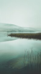 Beautiful mystical landscape of a lake in the fog. Theme of relaxation and nature. Minimalism concept. Quiet Backgrounds. Great for versatile social media content.