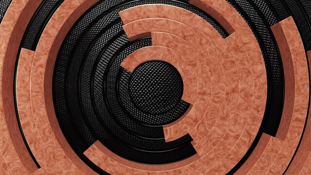 Realistic abstract looping 3D animation of the clock-style moving textured polished wood and carbon fiber radial pattern rendered in UHD