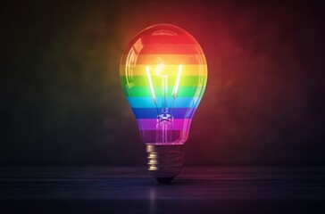 An incandescent light bulb on a wooden surface emits light that transitions through the colors of the rainbow, resembling the LGBTQ pride flag