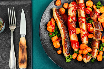Grilled turkey sausages with carrots