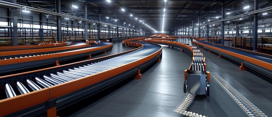 Large Warehouse Filled With Orange and Black Conveyor Belts