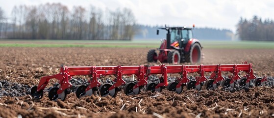Tractor Plowing Field With Red Plow