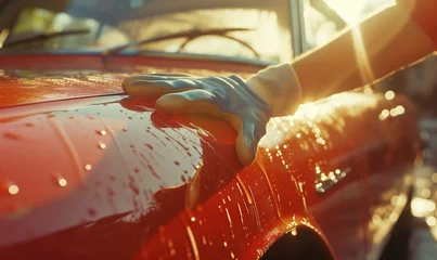 Poster Man's hand in glove on red vintage retro car covered with wax on bright sunny day outside © Wendy2001