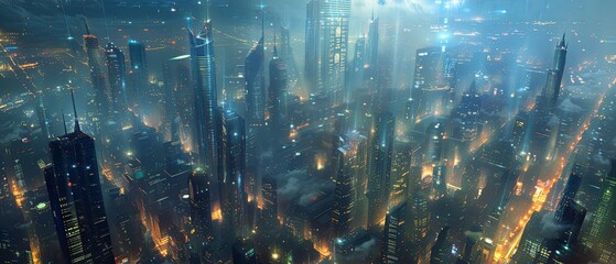 Futuristic City at Night With Glowing Skyscrapers