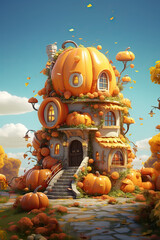 Vibrant painting capturing the essence of autumn, featuring a cheerful house adorned with pumpkins.