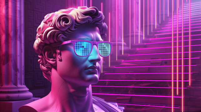 Statue with Digital Sunglasses - Retro Futurism and Pop Culture Concept
