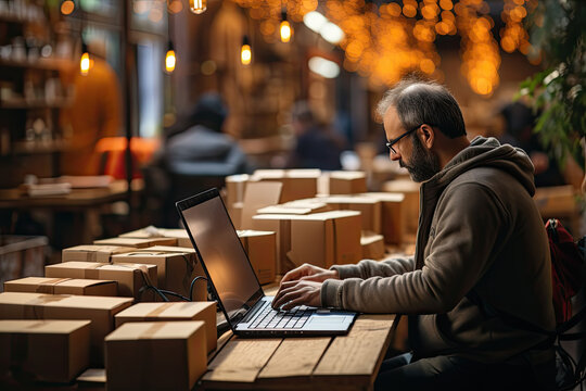 Mature man wearing a brown hoodie is sitting at a table with a laptop. Table is surrounded by many boxes. - Powered by Adobe