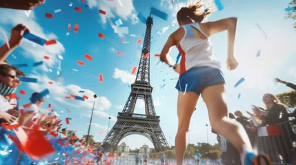 Rolgordijnen Marathon Runner Celebrated in Paris, Eiffel Tower Backdrop Amidst Cheering Crowd © Mirador