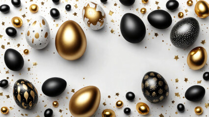 Stylish golden and black eggs easter concept. golden confetti white background. Flat lay trendy...